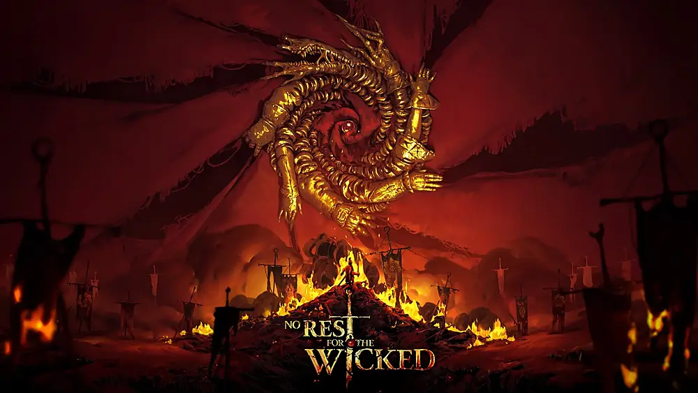 Logo and title for No Rest for the Wicked. Banners are on fire and arms forming a circle in the sky.
