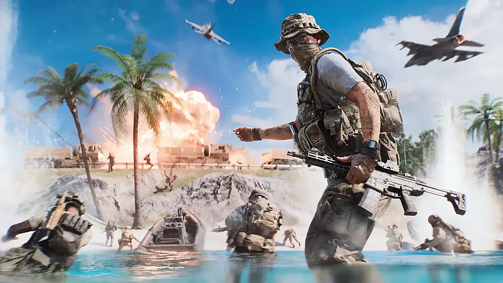 An army storming a beach through some beautiful looking water.