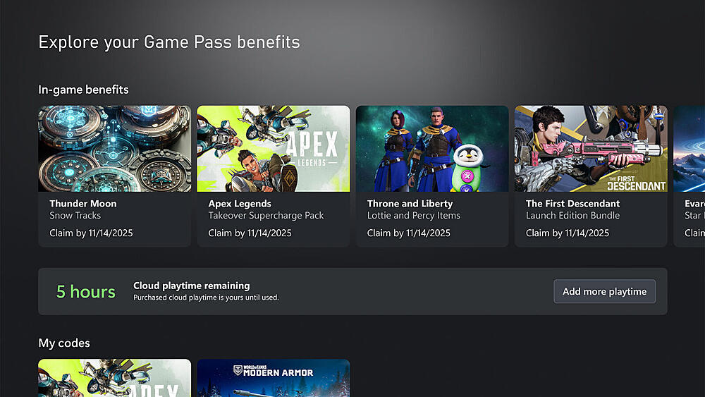 A screenshot showing hours remaining of Cloud gaming for XBOX Game Pass subscribers.