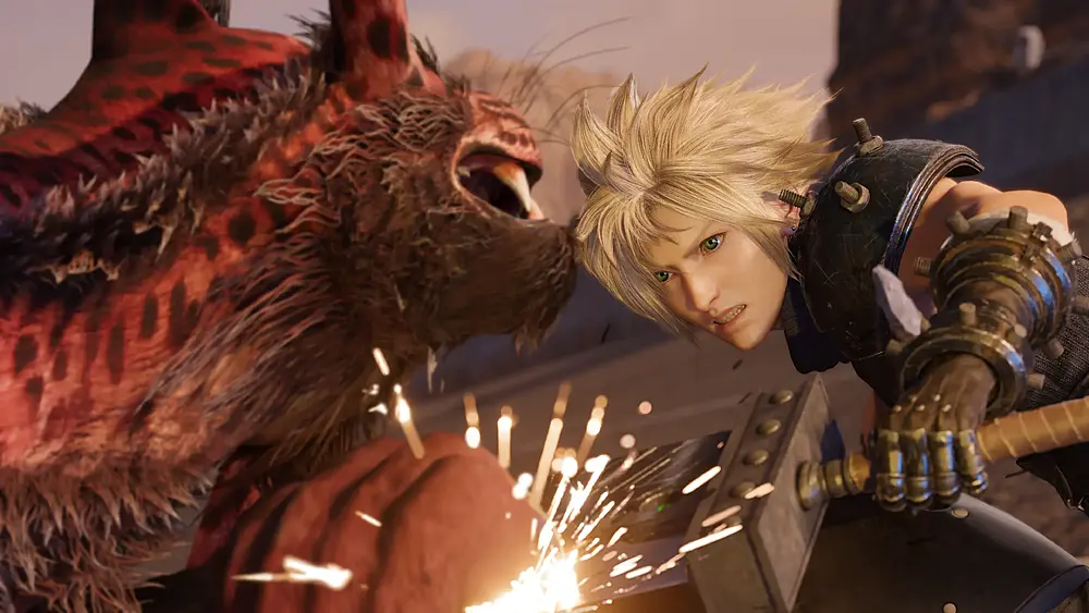 Cloud from Final Fantasy 7 Revelation clashing his sword against some feline-like monster creature.