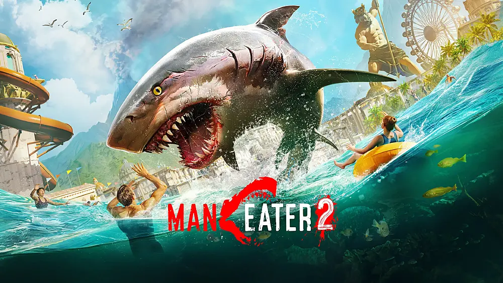 Key art for Maneater 2 showing a shark leaping out of the water to attack some humans at a water theme park.