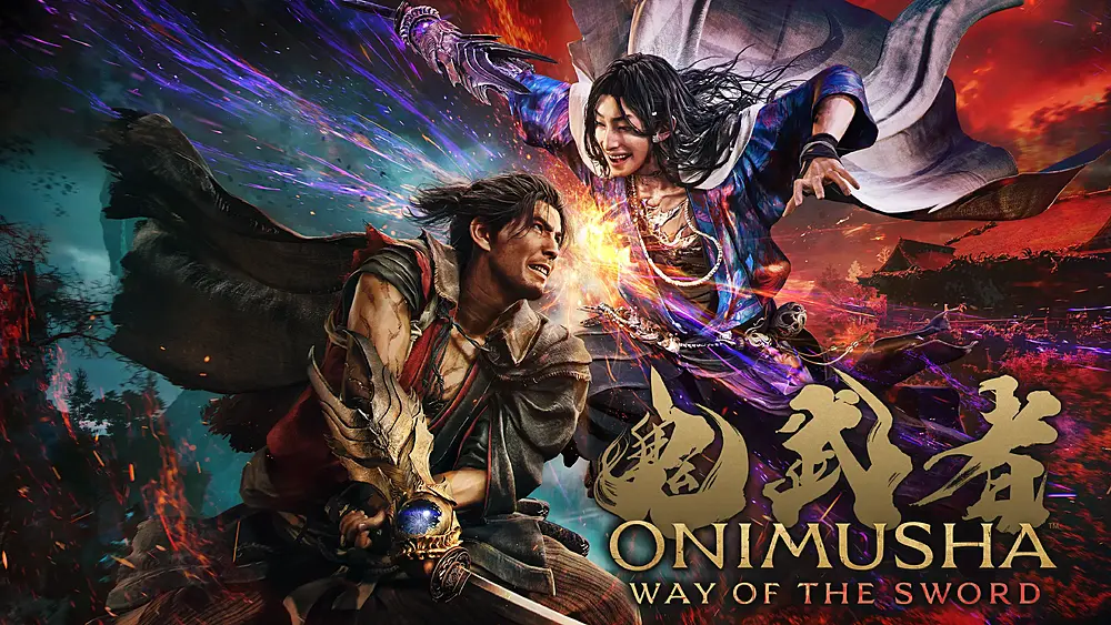 Art depicting two samurai clashing admist vibrant splashes of reds and purple colors, with the title, Onimusha: Way of the Sword, shown at the bottom.