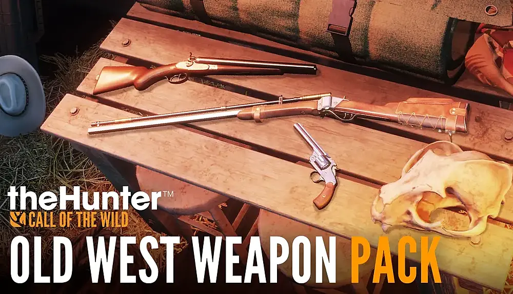 Three vintage firearms displayed on a wooden picnic table with text reading "theHunter CALL OF THE WILD OLD WEST WEAPON PACK."
