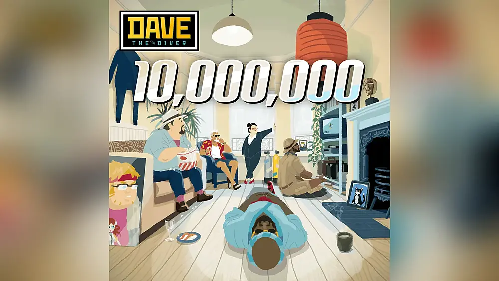 Art showing characters from Dave the Diver and celebrating 10 million copies sold.