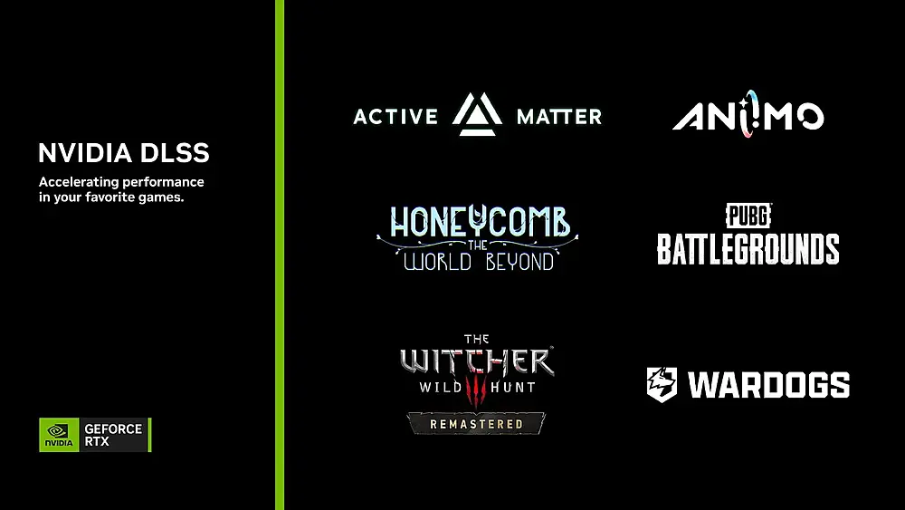 New games with Nvidia DLSS support including Active Matter, Aniimo, Honecomb, PUBG: Battlegrounds, The Witcher 3 Remastered, and Wardogs.