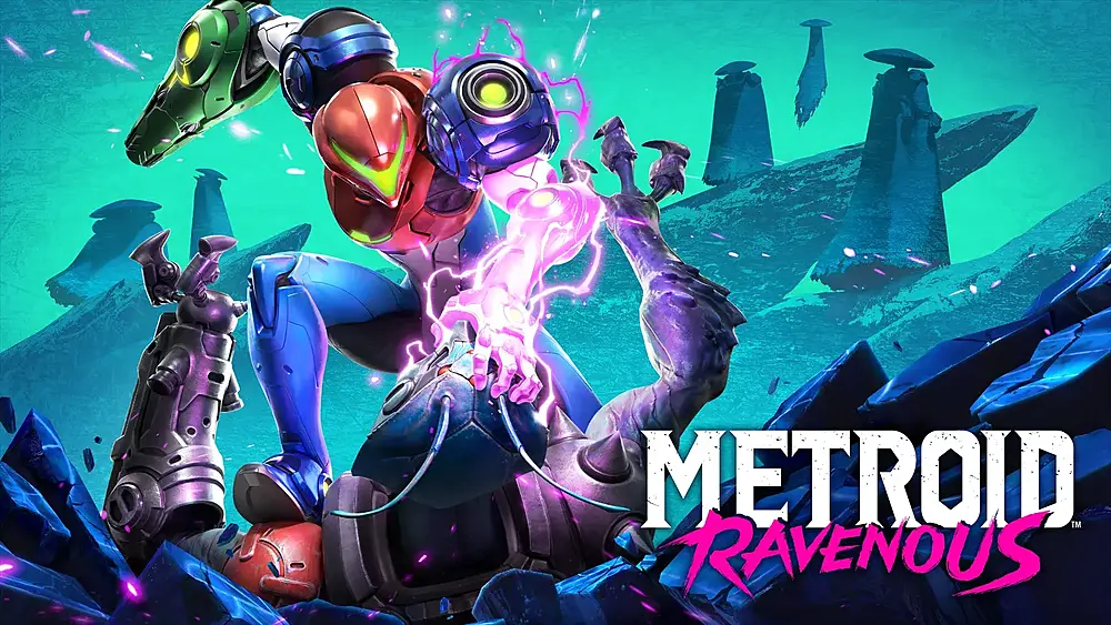 A person in a big sci-fi suit of armor and glowing purple left arm attacking an alien to the ground with said arm. The artwork is for Metroid Ravenous for the Switch 2.