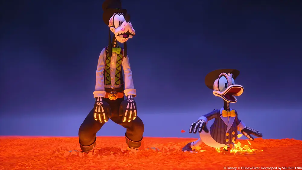 Goofy and Donald standing in lava.
