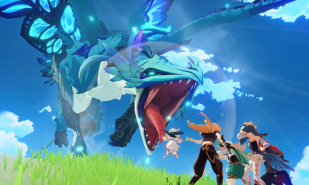 A large flying blue lizard creature attacking a group of adventurers in Genshin Impact.