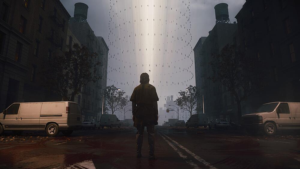 A character standing in the middle of the street looking out towards beams of light extending into the sky surrounded by a patterned circle of people floating.