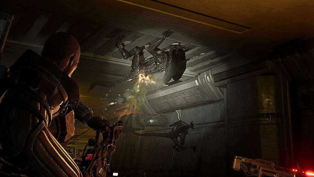 A space marine shooting at an Alien that is crawling on the ceiling.