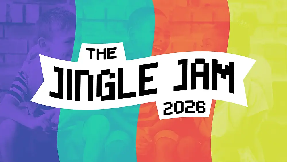 Promotional art for this year's annual Jingle Jam charity event showing the name, The Jingle Jam 2026, over a colorful striped background.