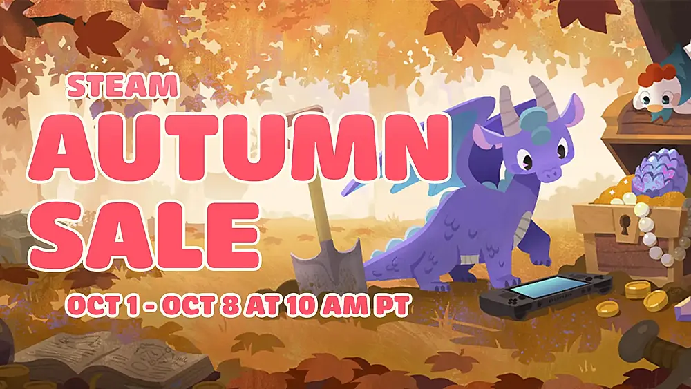 Art for the Steam Autumn Sale 2026 with a little cartoony-style purple dragon on the side and an autumn theme in the background.