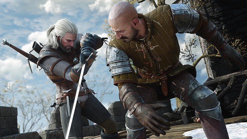 Geralt with a sword engaging in a fight against an unarmed man.