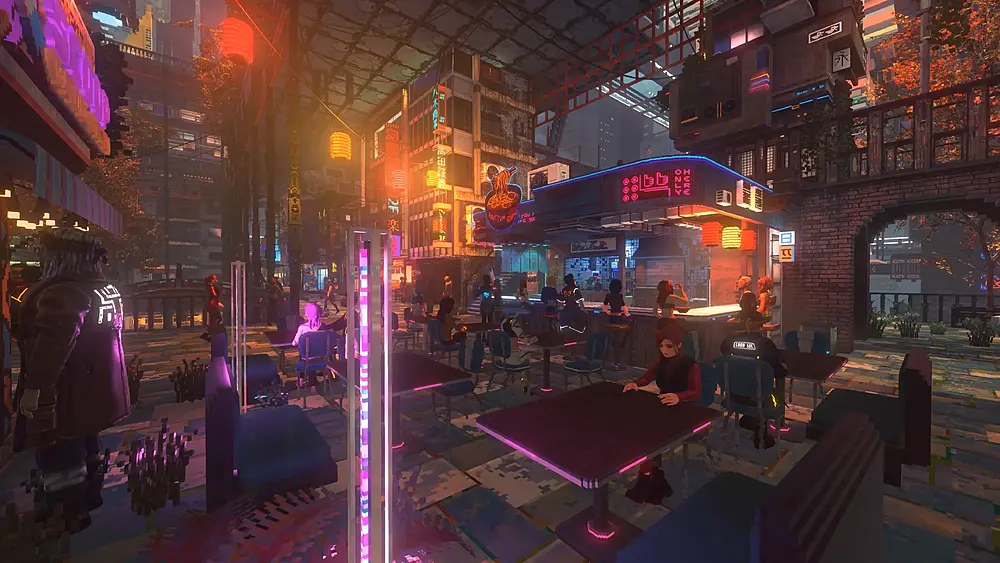A cyberpunk style city at night with voxel and pixel style graphics.