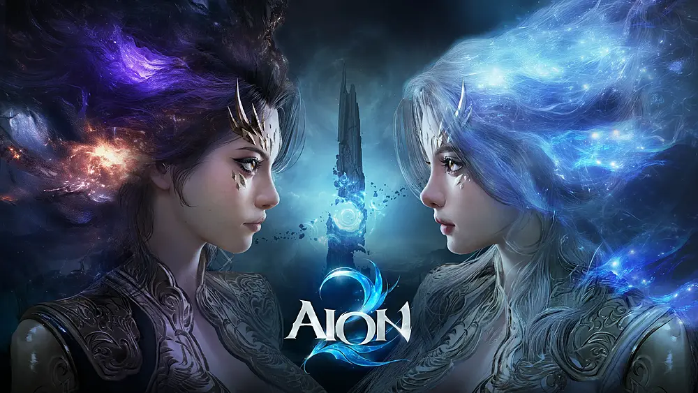 Promotional key art for AION 2 featuring two characters facing each other in profile with flowing cosmic hair—dark purple on the left and bright blue on the right—framing a central glowing tower and the AION 2 logo.