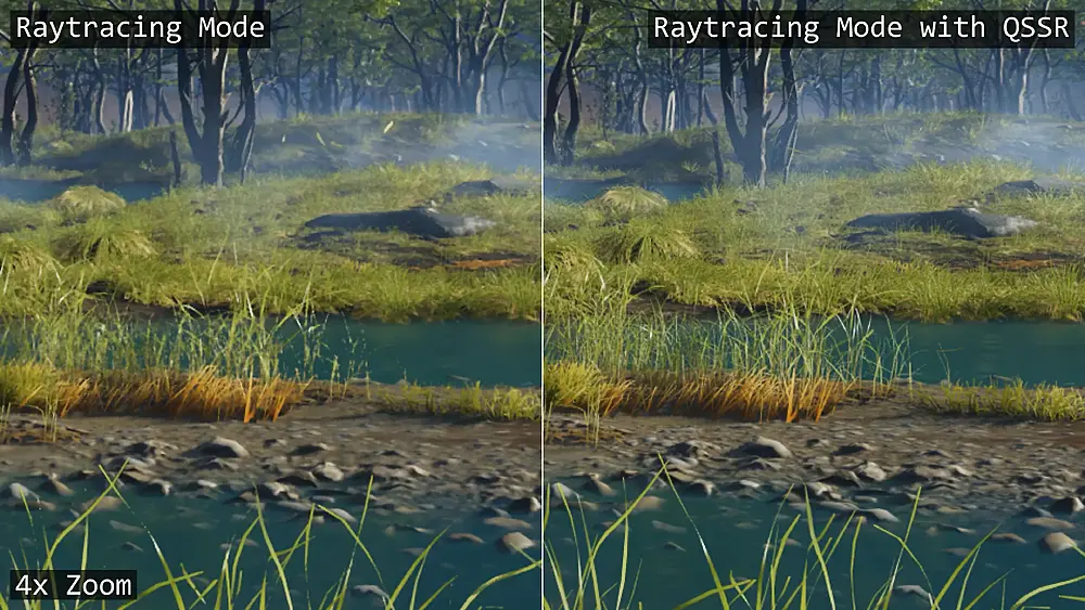 A zoomed in view of distant foliage in Ghost of Yotei comparing the base game alongside the base game with PlayStation's new quick Spectral Super Resolution upscaling technology.