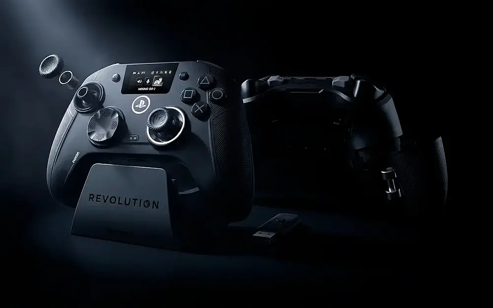 The front and back of a new PlayStation 5 licensed controller with a bunch of customizable features and buttons.