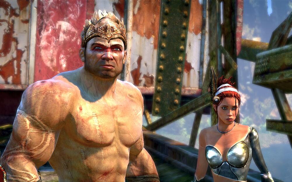 A buff shirtless man and a woman in a silver armor crop top staring at something off screen.