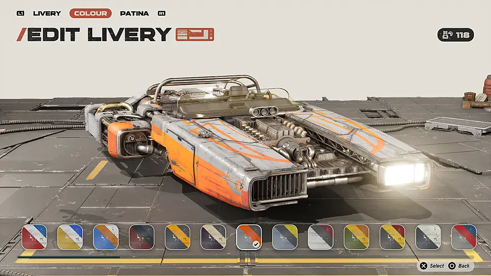 A sci-fi racing vehicle and a selection of livery options with different color schemes.