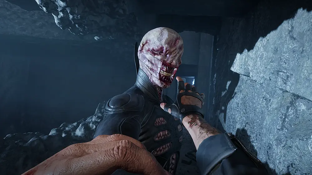 An enemy called the Chatterer grabs the player character by the throat in the new Hellraiser game screenshot.