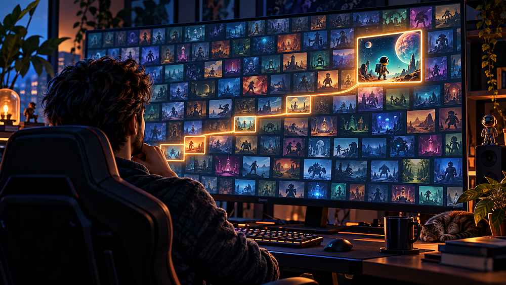 A guy sitting in front of a large monitor that is displaying several different game screens.