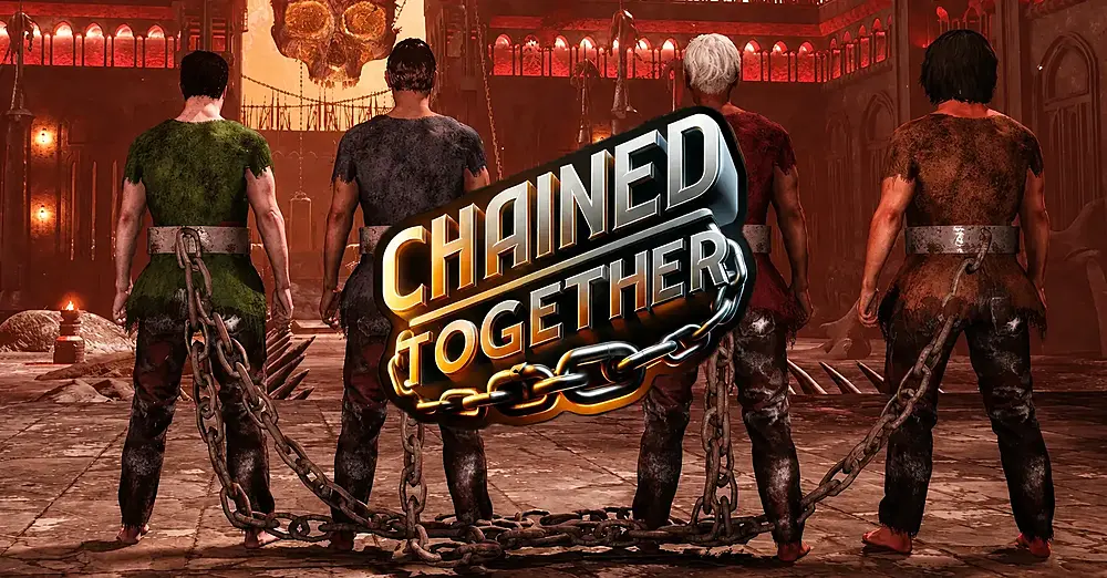 Key art showing 4 people chained together in hell.