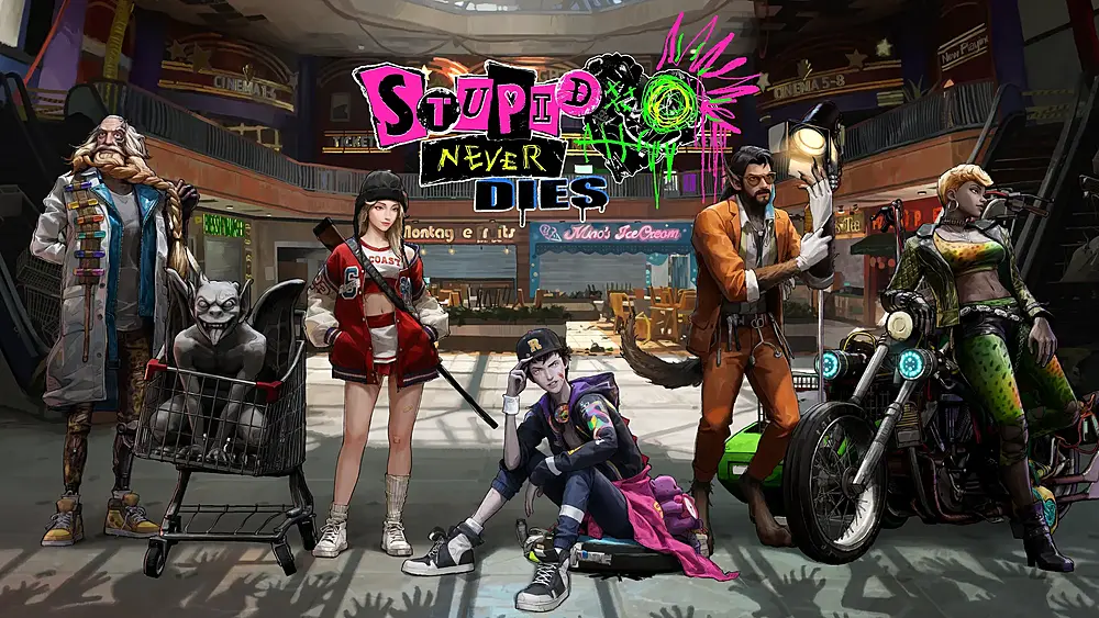 Key art for the video game "Stupid Never Dies," featuring five stylized characters posing inside a shopping mall.