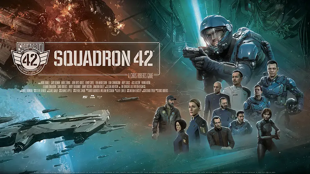Key art for "Squadron 42" showing the large cast of notable actors and the characters they play set over a scene of a deep space arrangement of war ships.