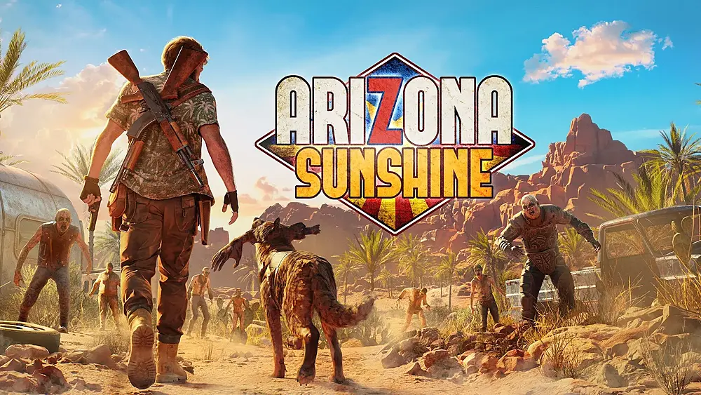 A man and his dog walking towards a bunch of zombies under a bright sun in the desert.
