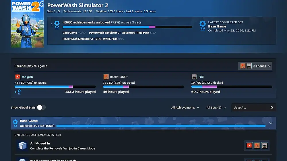 A screenshot showing the new beta design for Steam Achievements when comparing achievements with Steam friends in the game PowerWash Simulator 2.
