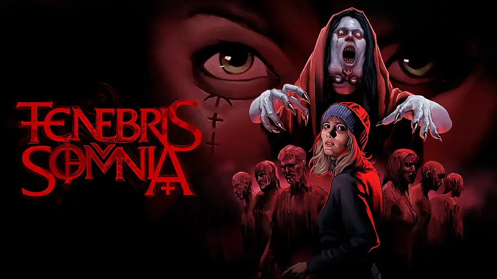 A dark, horror-themed artwork featuring the title "TENEBRIS SOMNIA" in red text on the left, alongside a young woman in a beanie surrounded by shadowy figures, a terrifying pale creature looming above her, and a pair of large, ominous eyes staring from the background.