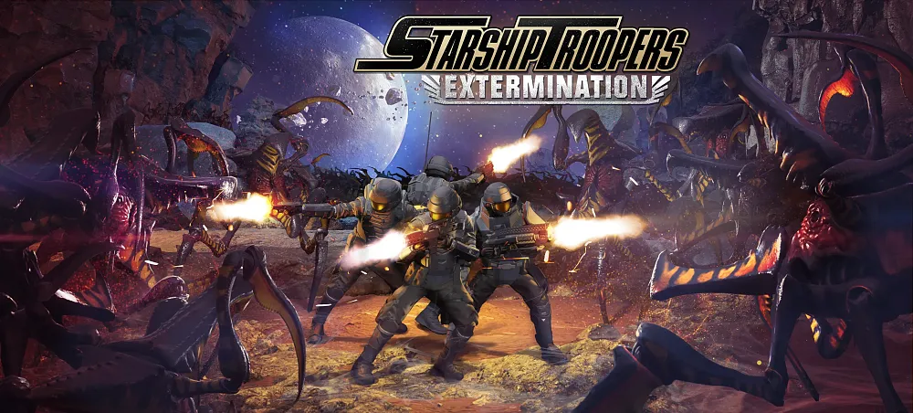 key art for Starship Troopers: Extermination showing armored humans shooting at alien bugs on an alien planet