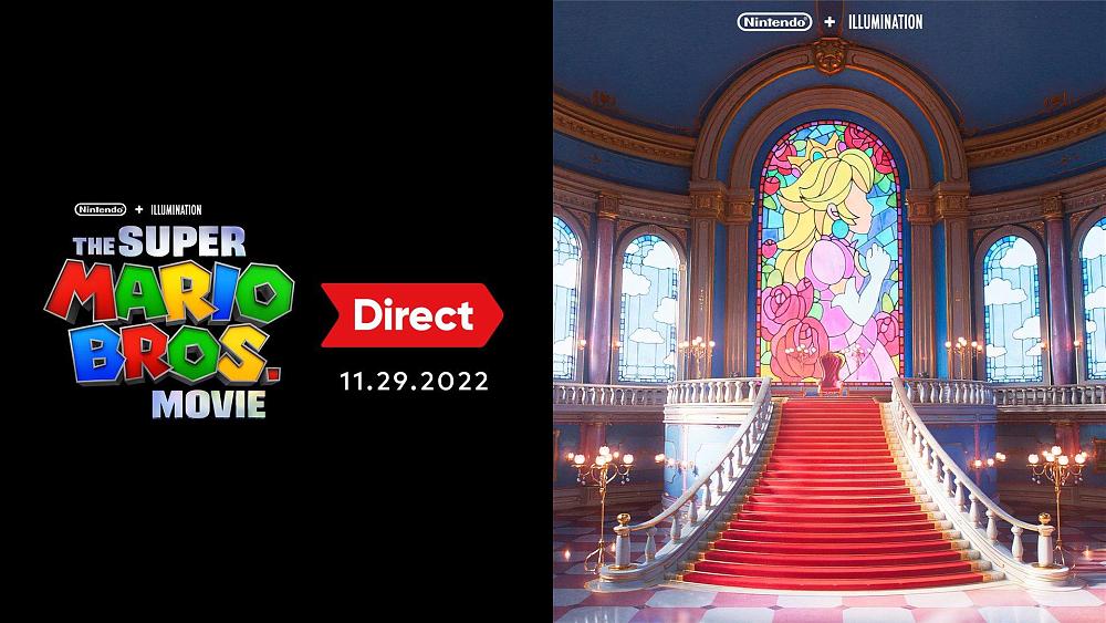The right half shows a cartoony royal throne room from the Mario Bros. movie