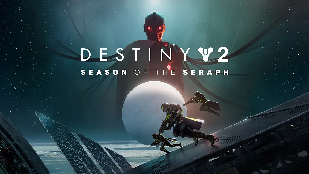 Key art for Destiny 2's new season showing an ominous figure looming over three other characters