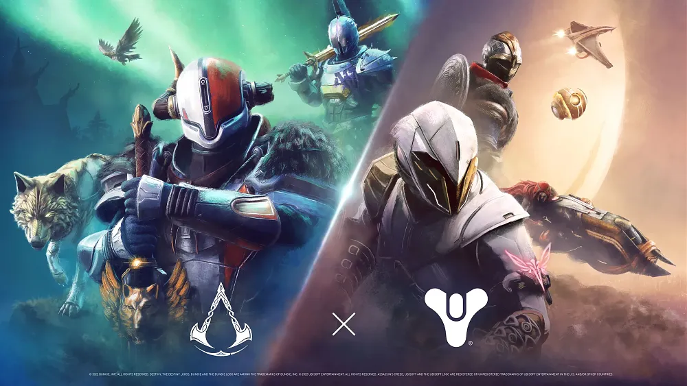 Art showing a collaboration between Ubisoft and Bungie for various in-game items for both Destiny 2 and Assassin's Creed Valhalla