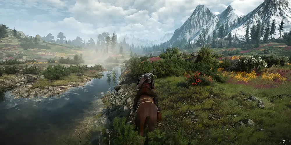 Screenshot showing a white haired man riding a horse in a lush landscape near a flowing river