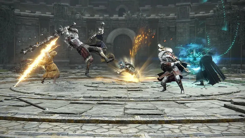 Screenshot showing armored fantasy characters fighting each other with magic, swords, and other weapons