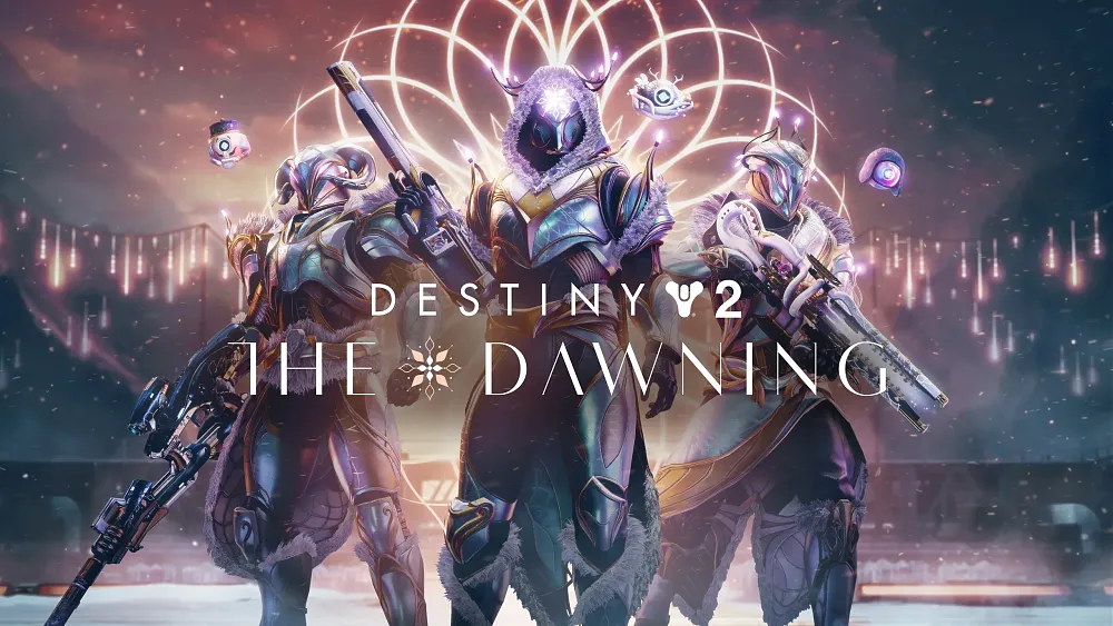 Key art visual showing three armored Guardians from Destiny 2 with various winter holiday themed gear