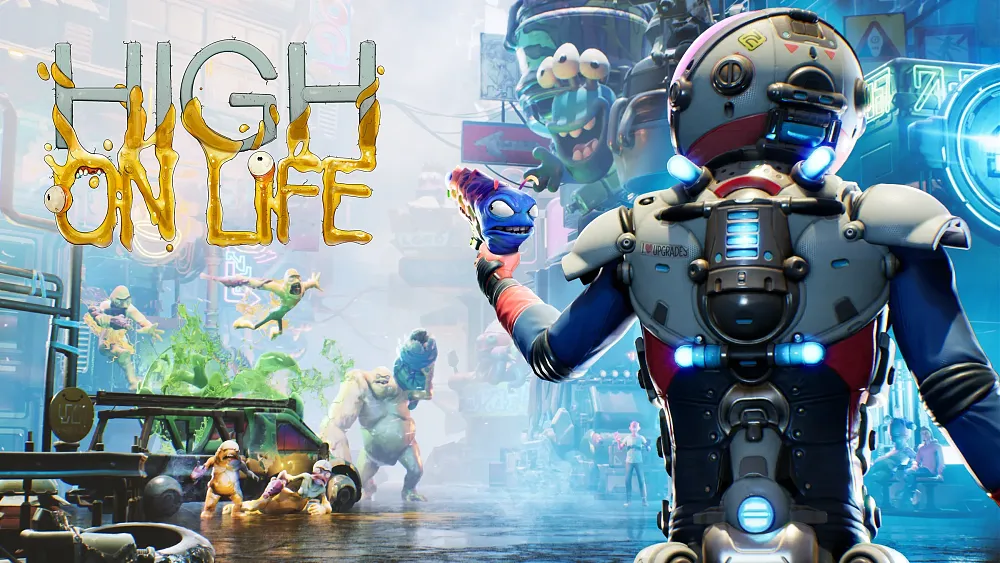 Text saying "High on Life" over the key art for the game showing an alien bounty hunter in a space suit holding an alien weapon