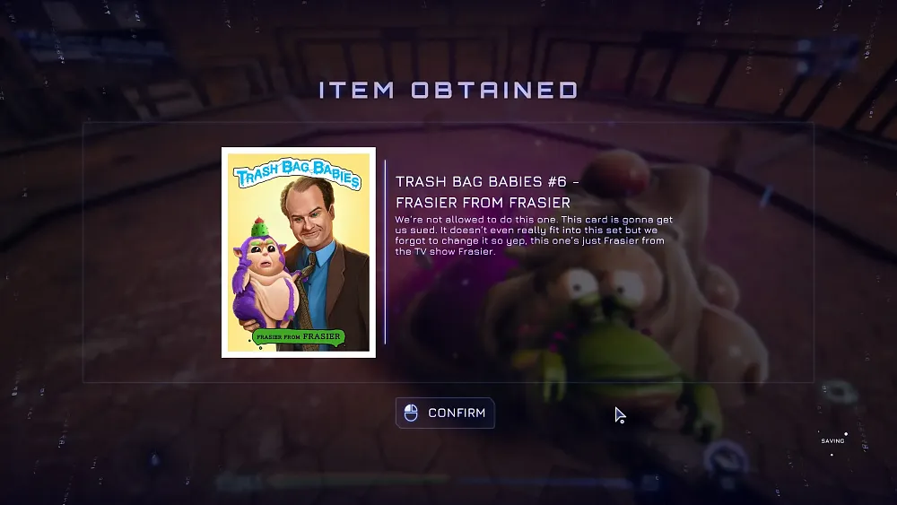 Picture of a collectible trading card with a pop culture reference to Frasier Crane on a card that spoofs the Garbage Pail Kids