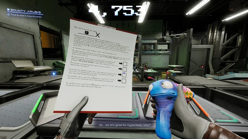 Screenshot showing the main character filing paperwork with a mini-game