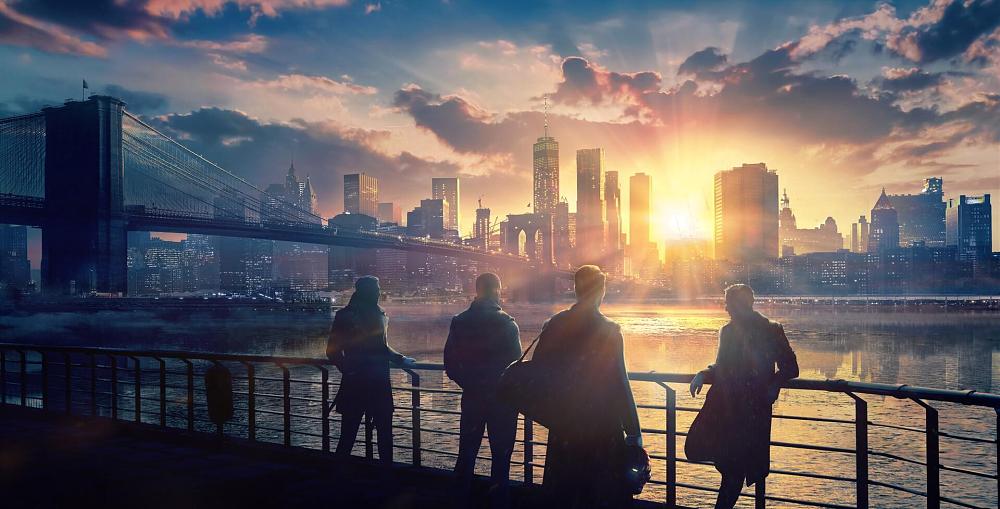 Four shadowy figures stand near a railing while the New York City skyline looms in the distance.