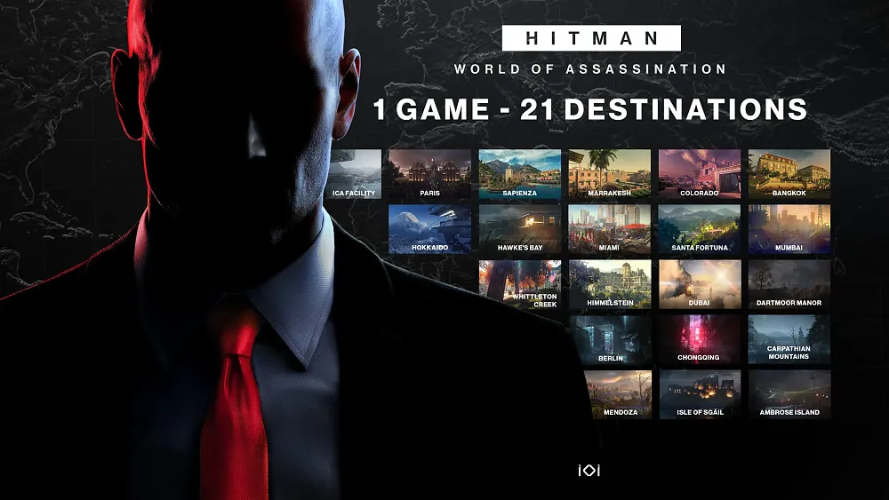 Bald man cloaked in shadow wearing a suit and red tie stands to the left side. On the right are the words "Hitman World of Assassination - 1 game - 21 destinations" and smaller thumbnails of each map shown below.