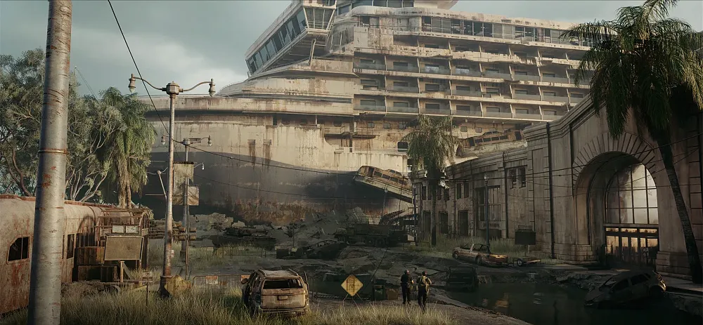 Concept art showing an overgrown portion of a city. A dilapidated cruise ship is in the background. Two characters are seen walking on a broken street towards the ship. Rust covers most of the metal objects in the scene.