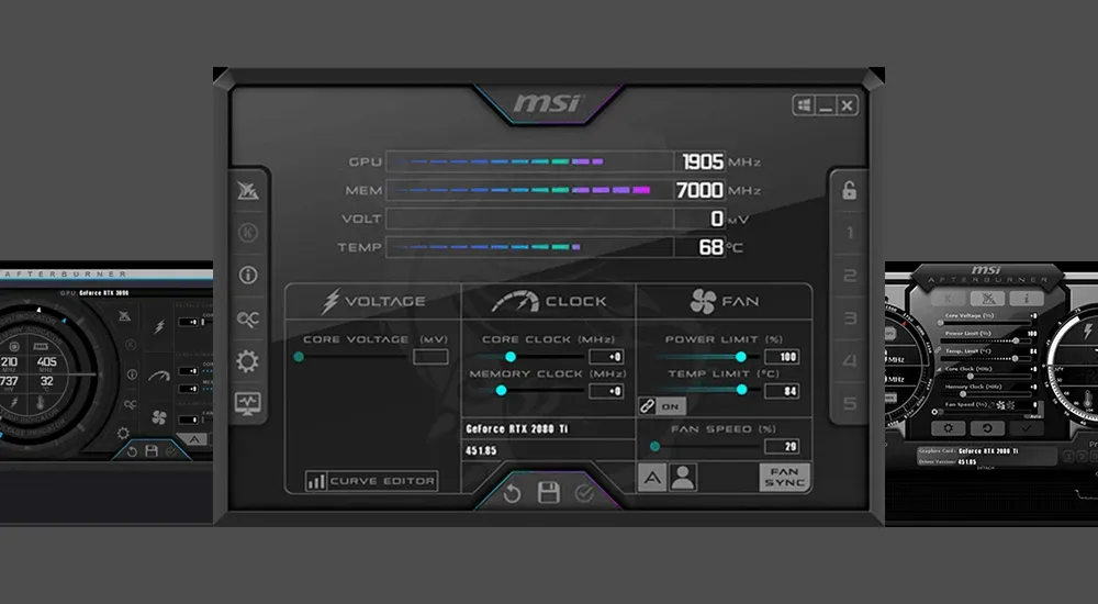 Image showing various windows for MSI Afterburner, an overclocking program for graphics cards.