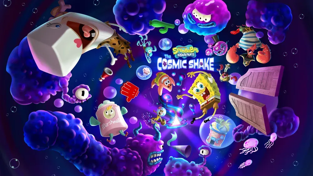 Art showing SpongeBob Squarepants, several friends, and various purple cloud looking evil creatures, all swirling around in a giant swirly purple void.