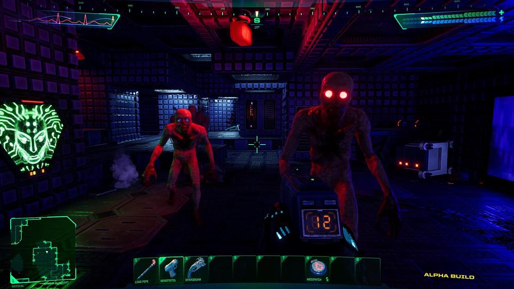 A screenshot from the System Shock remake. The image includes a sci-fi style user interface. There are several mutant enemies coming towards the camera with glowing eyes. The player is holding a futuristic gun in a first-person view.