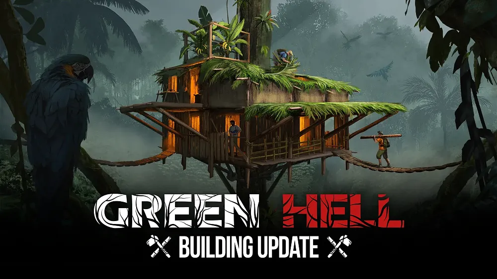 Key art for the upcoming Building Update for Green Hell. The image shows the words Green Hell Building Update overlayed a wooden and bamboo treehouse built halfway up a tree trunk. There are other trees around and a man walking on a plank bridge carrying wooden planks.