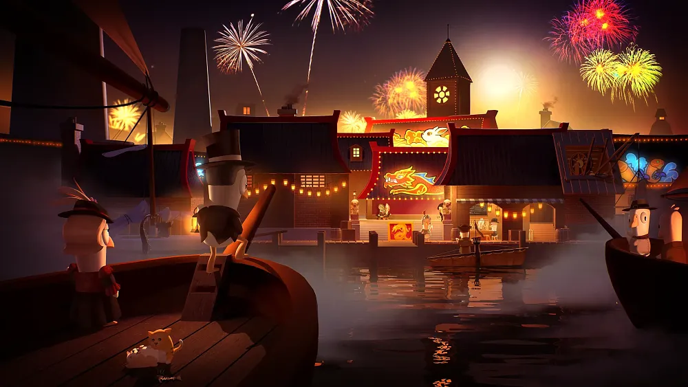 Art showing anthropomorphic animals standing on two boats headed towards an Asian style building. There are multiple fireworks going off in the night sky behind the building.