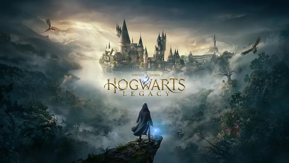 Key art visual for Hogwarts Legacy. The words "Hogwarts Legacy" are overlayed on a scene of a wizard wearing a cloak, back to camera, and holding a glowing wand. Before them is a misty valley and beyond that is a large, tall, castle-like building.